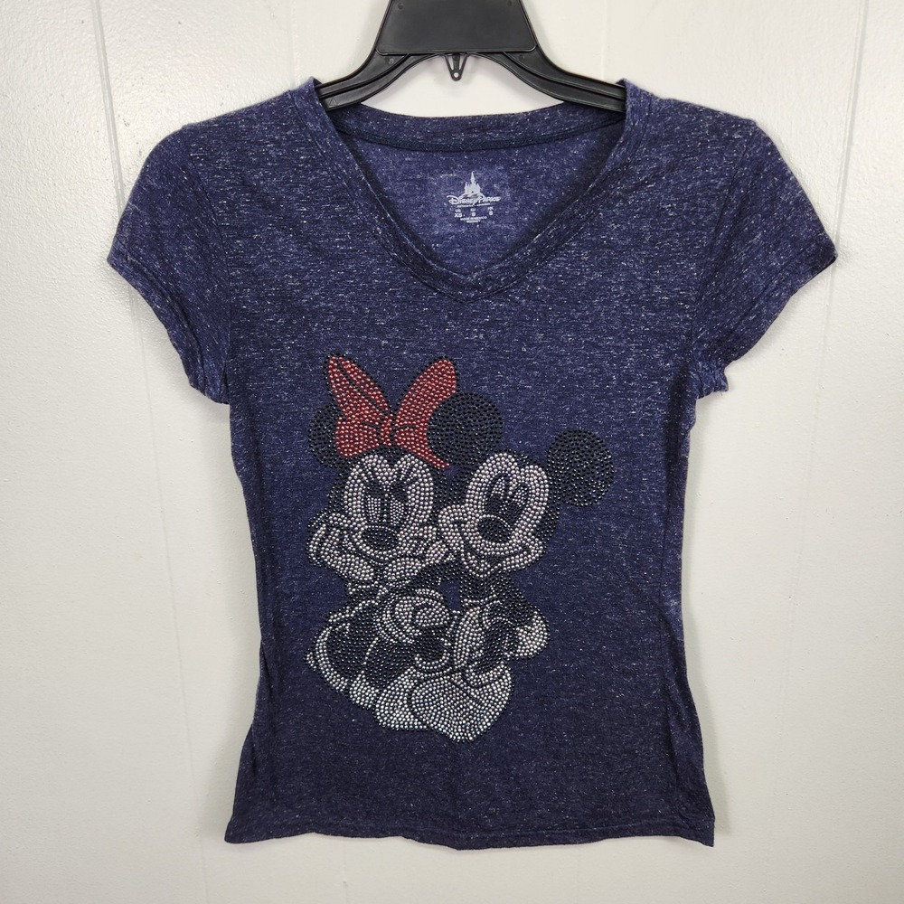 Disney Parks Shirt Womens XS Blue Minnie Mickey Mouse Rhinestone Sparkle Bow Tee